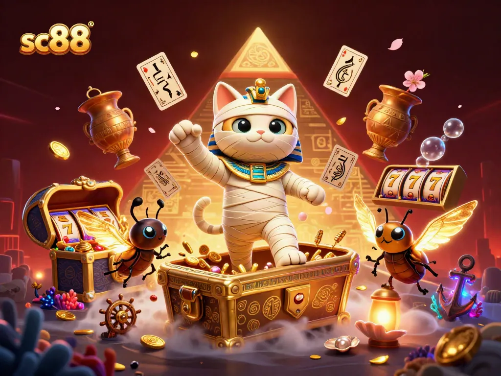 sc88 unleashes thrilling excitement with a vibrant casino scene including a mummy cat and glowing elements