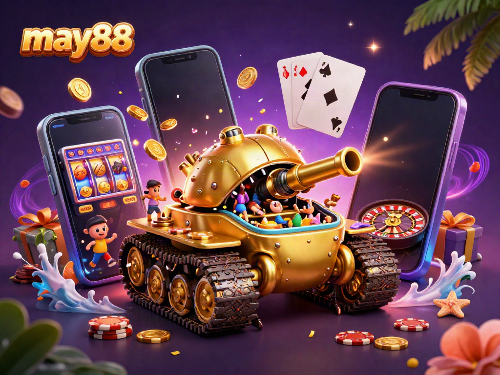Experience excitement at may88 with a golden beetle tank casino, golden coins, and gaming elements.