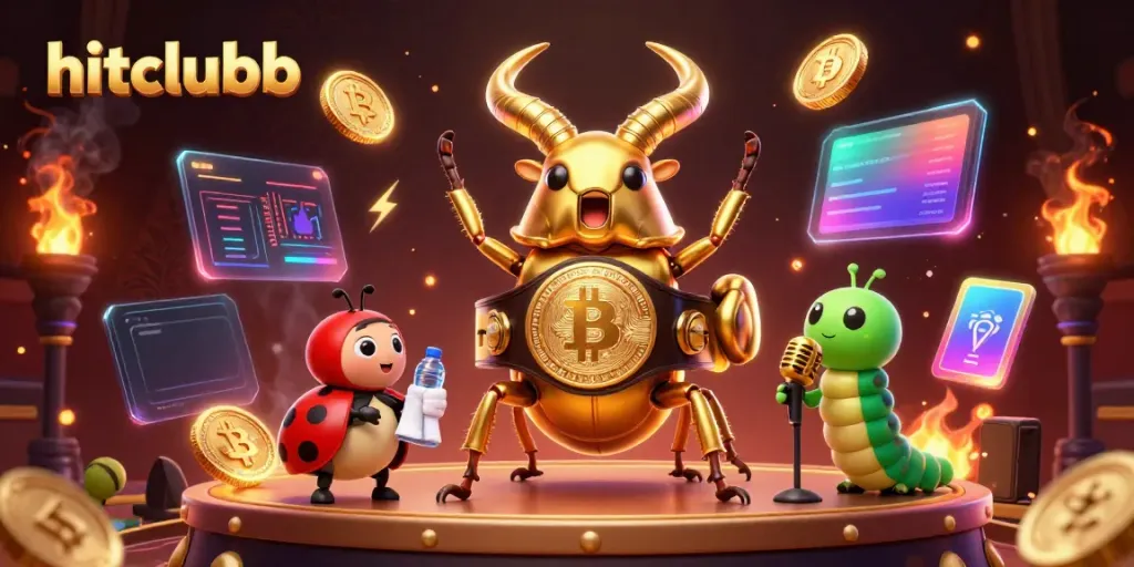 Engage with hitclubb's thrilling gaming action, highlighted by a colorful 3D scene of a golden stag beetle champion.