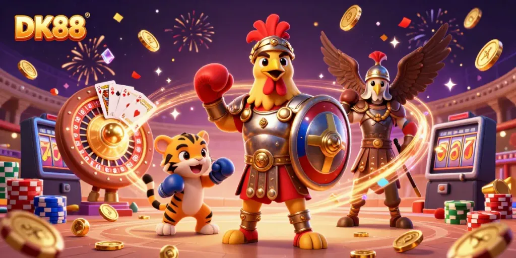 DK88's interactive gaming scene with characters enjoying dynamic casino features including roulette and poker