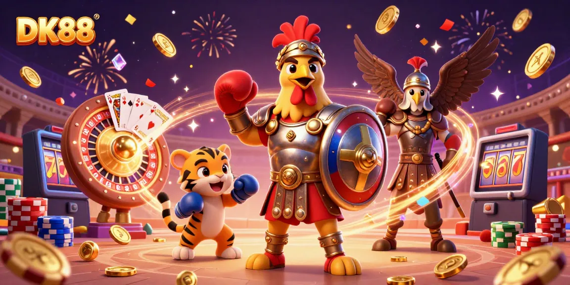 DK88's interactive gaming scene with characters enjoying dynamic casino features including roulette and poker