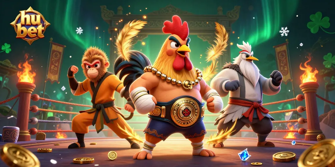 Join exciting games at hu bet with a fighting rooster, martial artists, and casino elements.