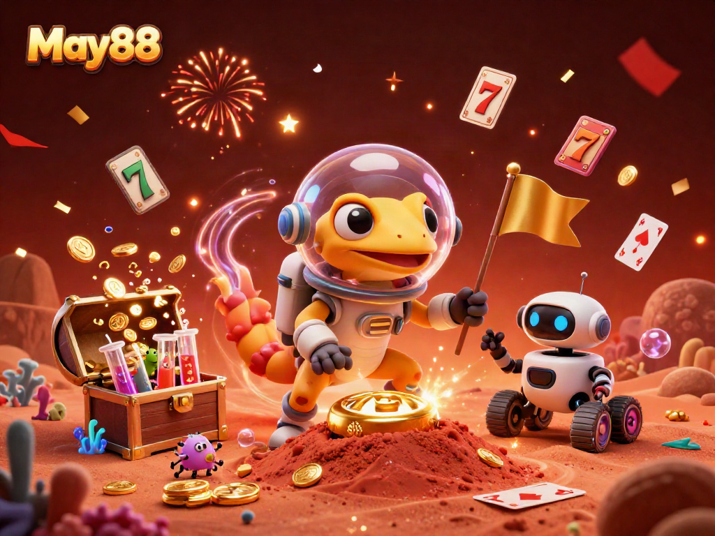 Experience May88's exciting gameplay with a cartoon Martian gecko in a vibrant casino scene.