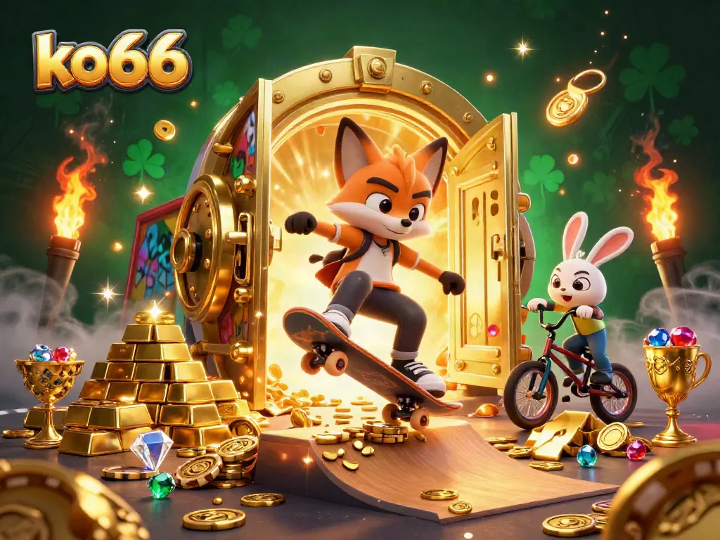 Experience thrilling gaming action with ko66 as a fox skateboards over golden poker chips amidst a vibrant casino scene.