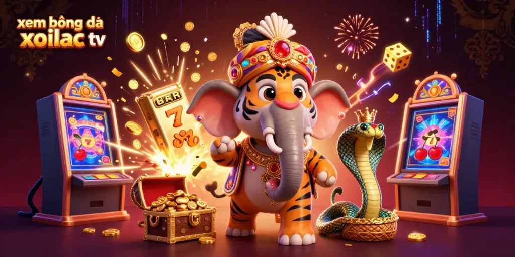 Experience xem bóng đá xoilac tv with vibrant 3D illustration showcasing a tiger and elephant in a casino setting