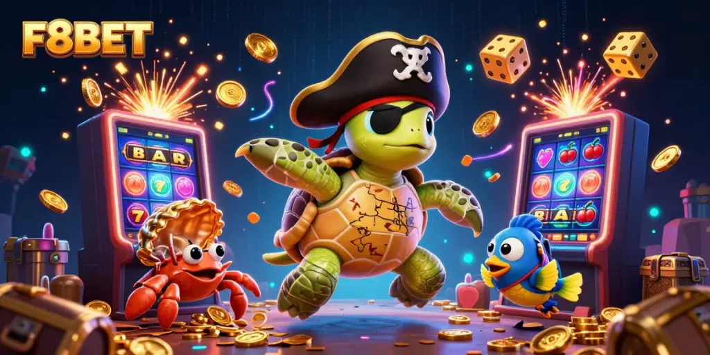 Win at F8BET with a vibrant 3D illustration featuring gaming treasures and fortune elements.