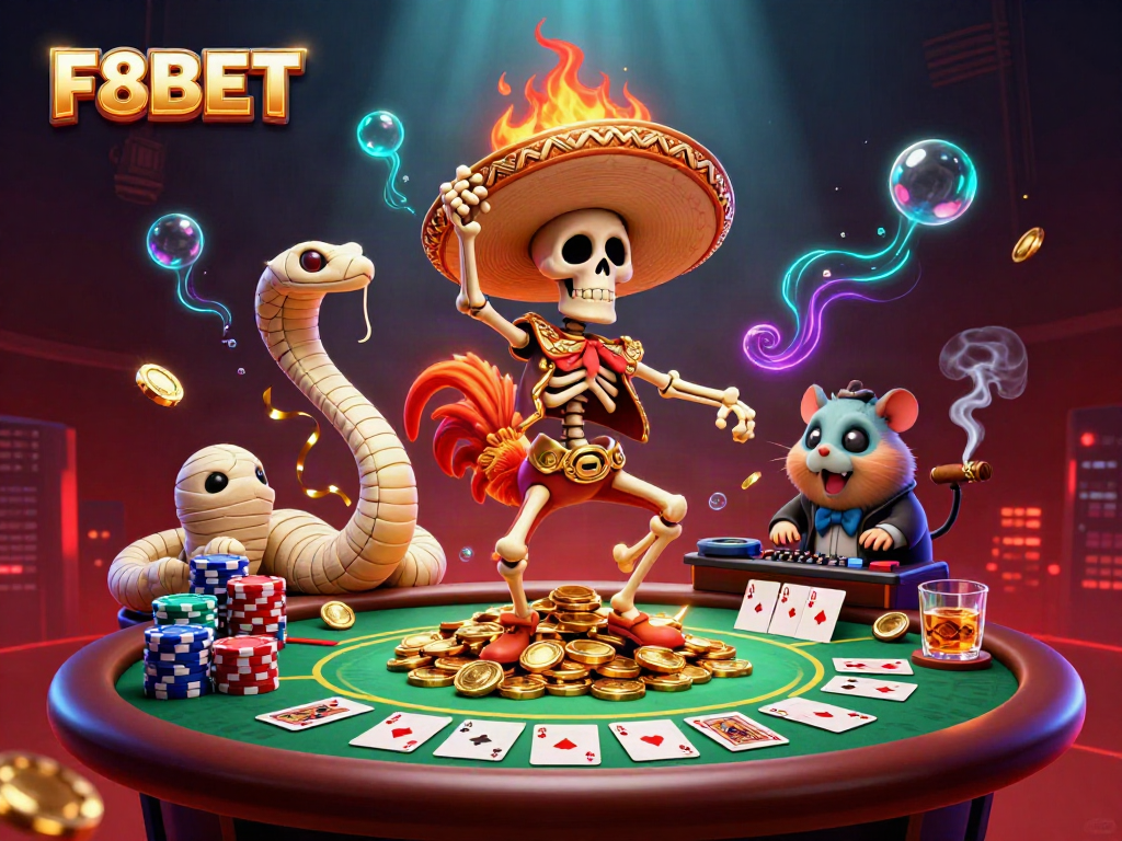 Experience the vibrant F8BET gaming world with a victory dance scene of animated characters amidst poker elements.