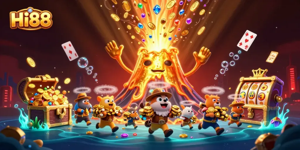 Win big with Hi88 at the thrilling golden volcano eruption, surrounded by colorful casino treasures.