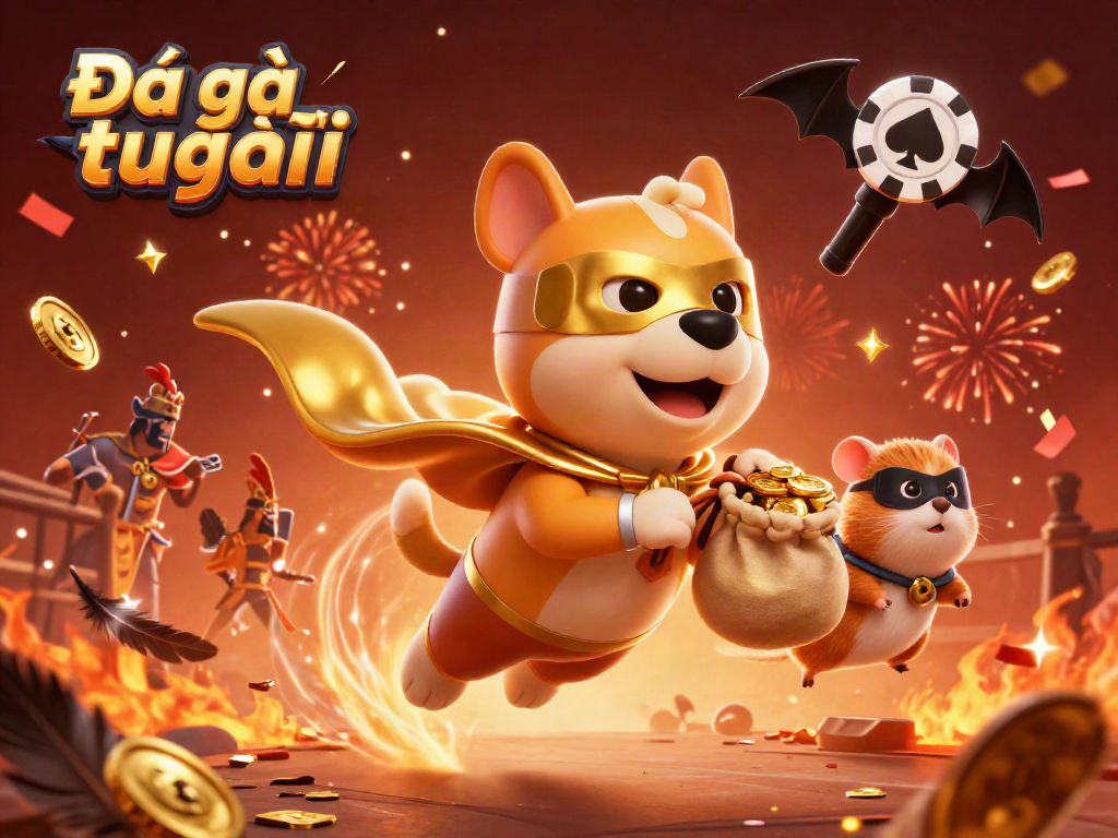 Engage with Đá gà trực tiếp as cartoon heroes showcase a vibrant cockfighting arena.