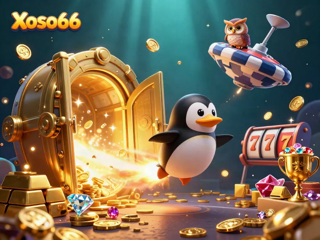Xoso66 gaming adventure with a rocket-powered penguin amid slot machines and treasures.
