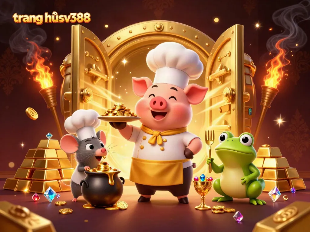 Bet big with trang chủ sv388 as a chef pig, mouse, and frog celebrate golden winnings in dynamic casino scene.