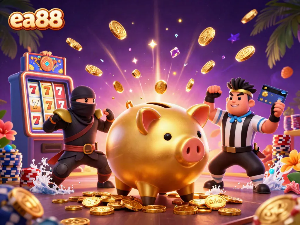 Experience the excitement of ea88 slots with vibrant golden coins and 3D casino characters.