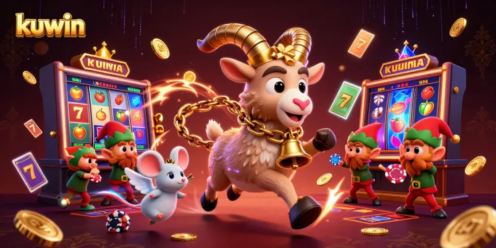 Kuwin offers thrilling gaming experiences, featuring a Krampus goat amidst vibrant slots and dynamic casino action.