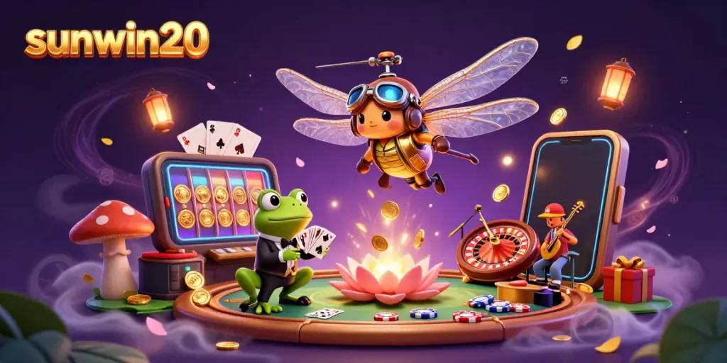 Experience the excitement of sunwin20 with a vibrant 3D casino scene involving a dragonfly pilot and frog croupier.