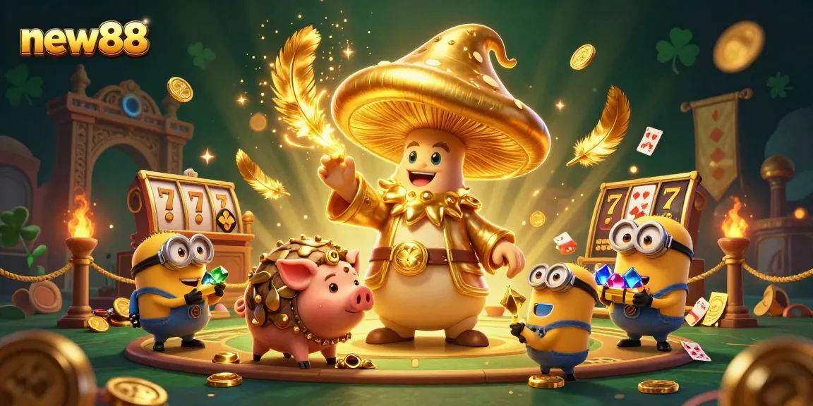 Experience thrilling games like slots and jackpots at new88 with a golden wizard and treasures.