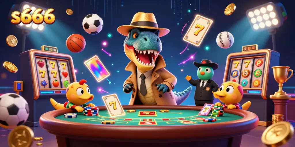 Engaging scene at the s666 casino with a velociraptor card counter, stegosaurus pit boss, and a compy pickpocket.