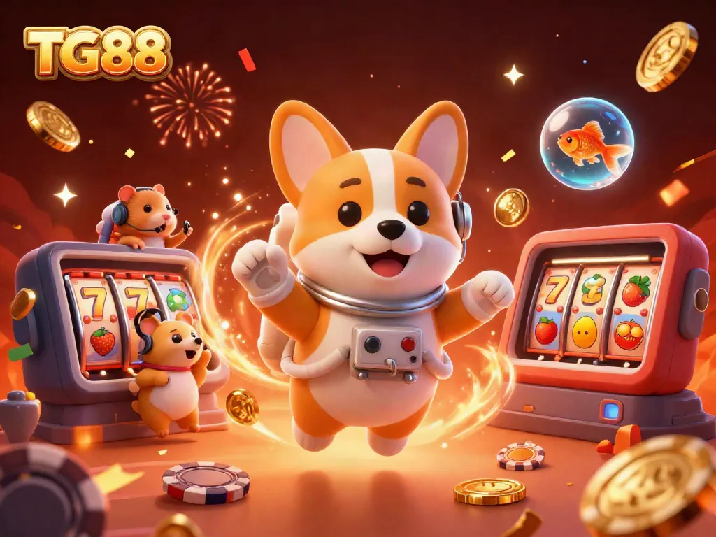 Interact with TG88's exciting casino atmosphere featuring unique animated characters amid vibrant gaming elements.