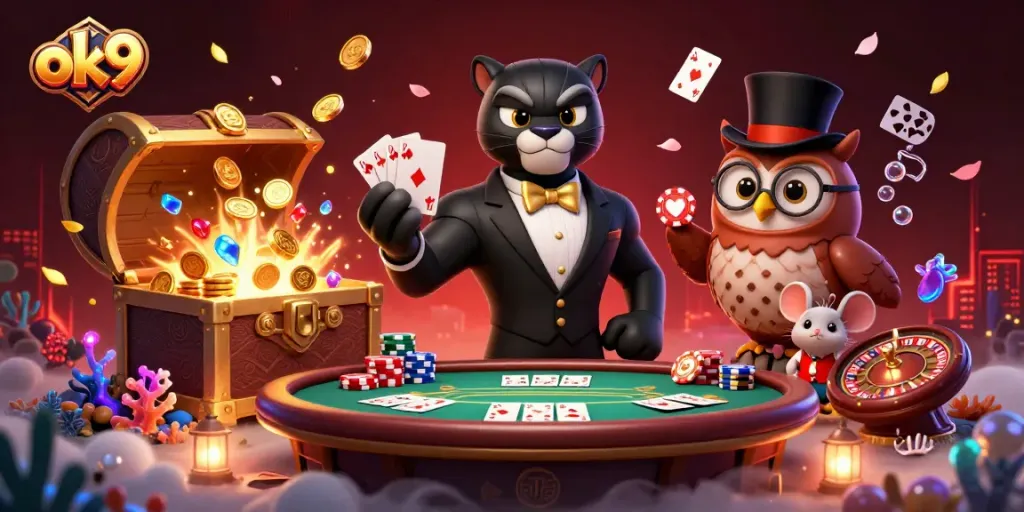 ok9 deals winning hands in a vibrant casino scene, showcasing the luck and excitement of gambling.