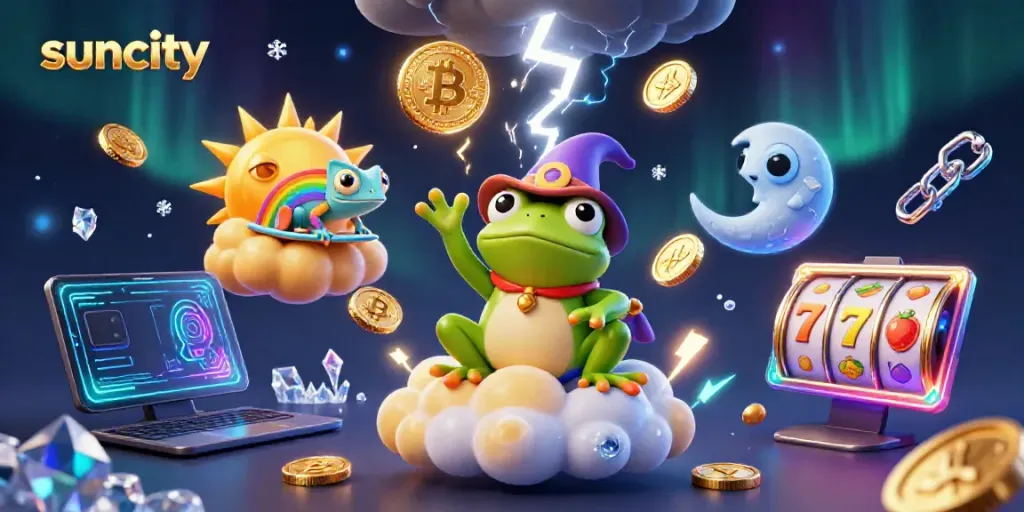 Spin the reels with suncity's vibrant 3D frog wizard amidst a storm of golden coins and crypto elements.