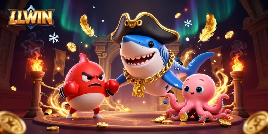 LLWIN promotes excitement with a vibrant casino scene featuring colorful characters and dynamic elements.
