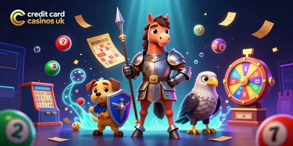 Experience excitement at credit card casinos UK with vibrant 3D animations and colorful global lottery elements.