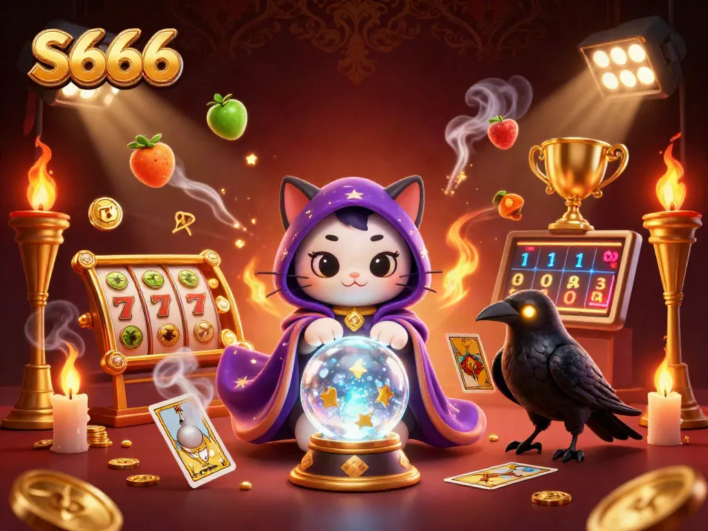 S666 players spin the reels in a vibrant 3D casino scene with mystic elements and lucky charms.