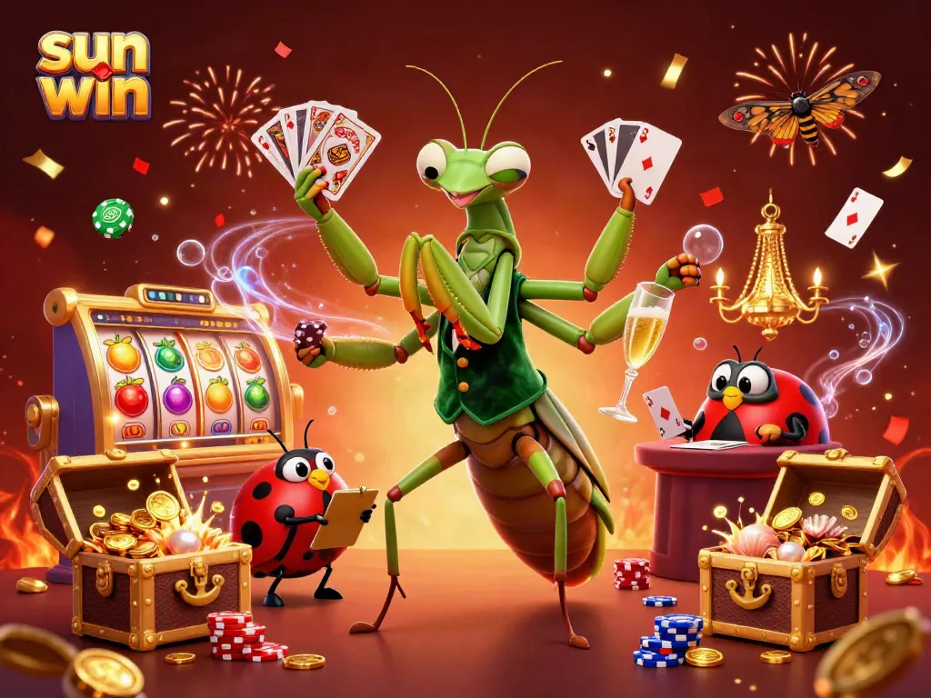 Experience thrilling slots with sun win, featuring colorful slot reels, jackpot counters, and charismatic characters.