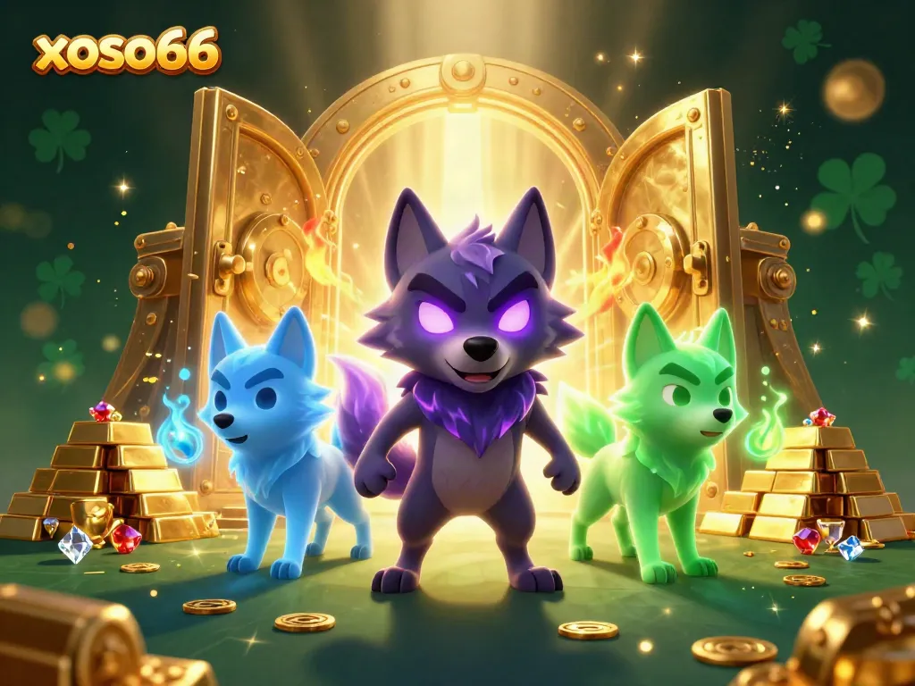 Experience the captivating world of xoso66 with glowing wolves, treasures, and a ghostly aura.