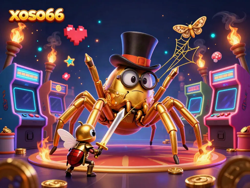 Experience the excitement of xoso66 as a golden tarantula weaves its web among casino lights and characters