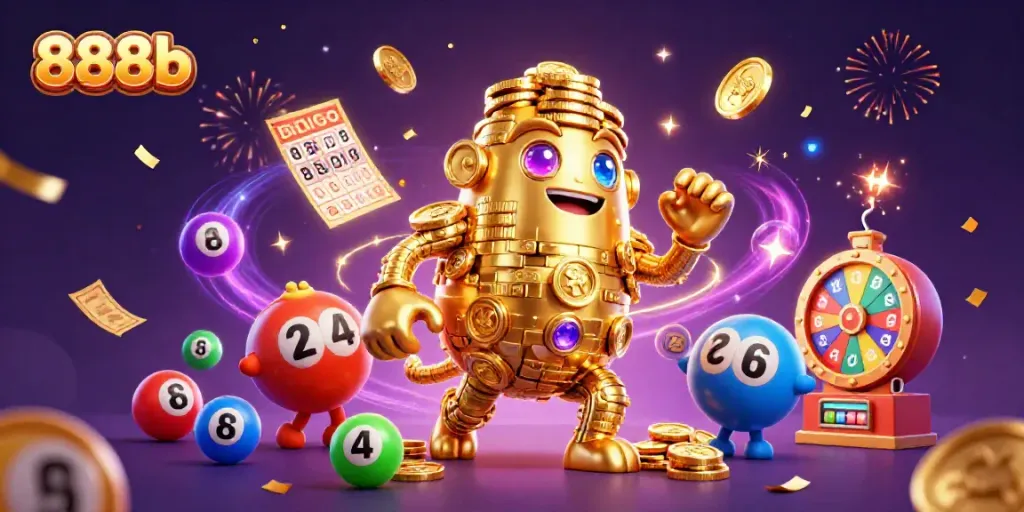 Engage with 888b in a vibrant casino scene filled with lottery elements and a lively golden golem.