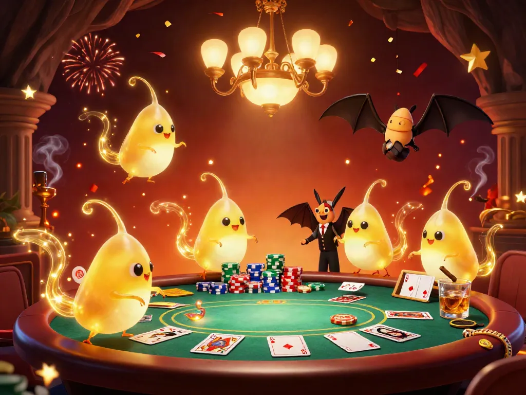 Experience the vibrant glow of jw88 with animated glowworms illuminating a casino scene filled with poker action.