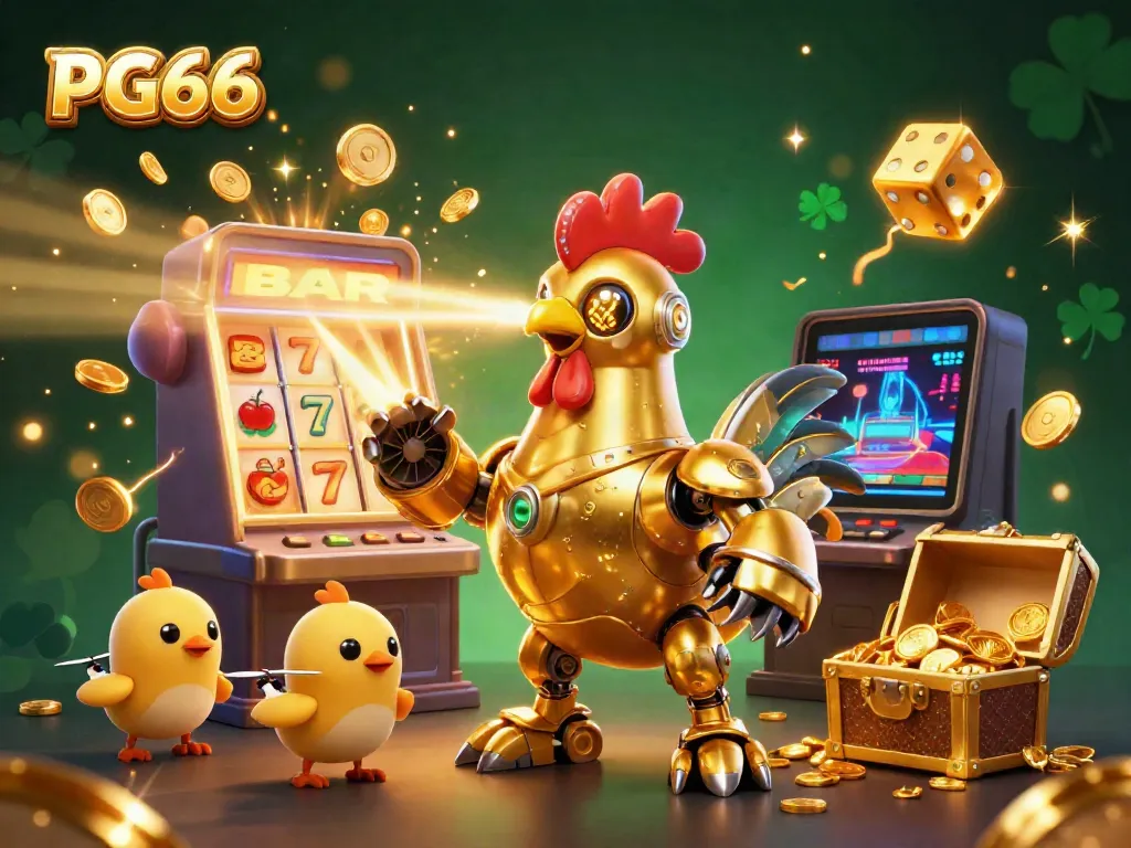 Join the excitement at PG66 with a stunning 3D illustration featuring a vibrant casino scene filled with games and colorful characters.