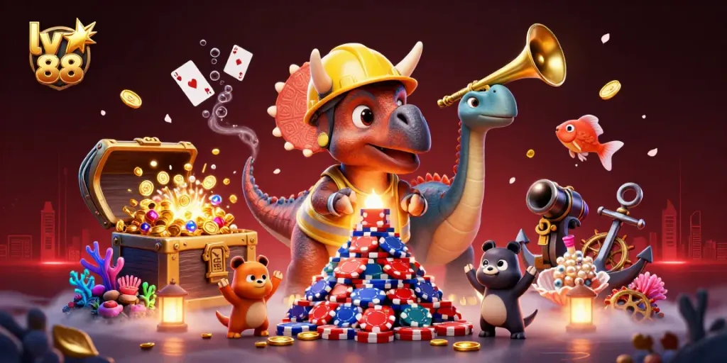 Experience the excitement of lv 88 with a vibrant celebration of gaming elements and cheerful characters.