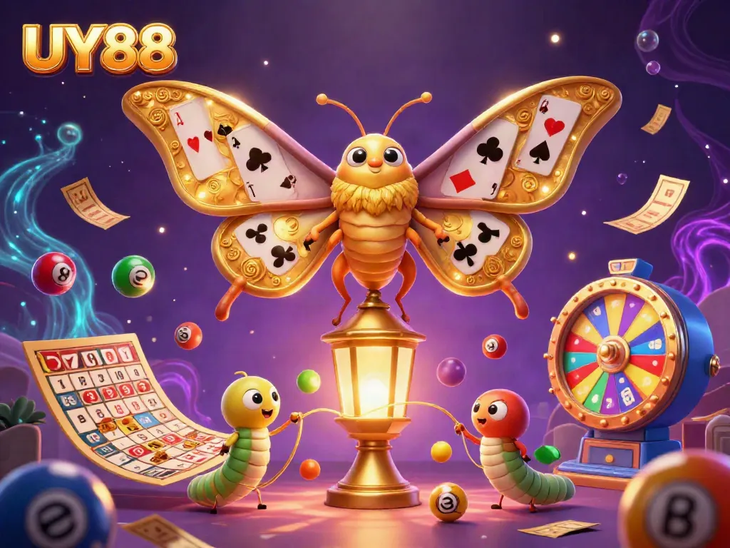 Experience the vibrant energy of UY88 with the majestic moth and dynamic casino elements.