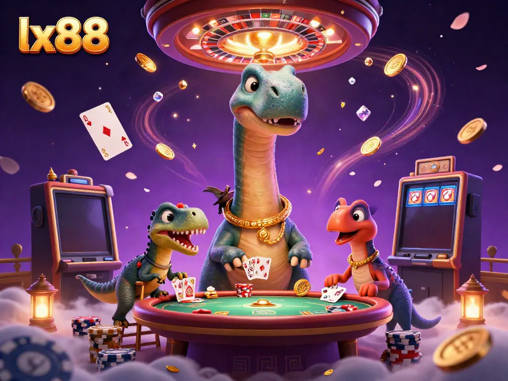 Experience the thrilling adventure of lx88 with a giant brontosaurus and a clever raptor in a vibrant casino scene.