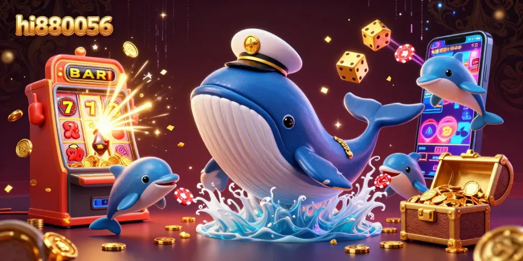 Experience exhilarating jackpots at hi880056 with a whale mascot amid vibrant casino scenes.