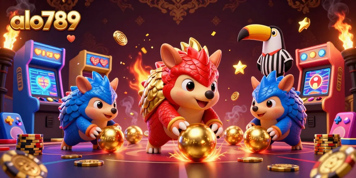 Alo789 pairs cartoon pangolins competing in a festive bowling match amid poker chips.