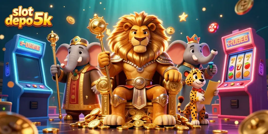 Experience thrilling wins with slot depo 5k in a vibrant casino scene featuring a lion king and a lively atmosphere.