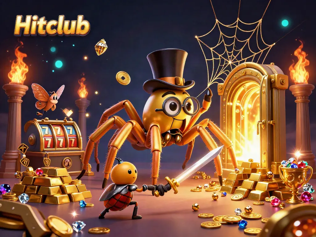 Hitclub casino scene showcasing a golden tarantula weaving a web with gold treasures, emphasizing gambling excitement.