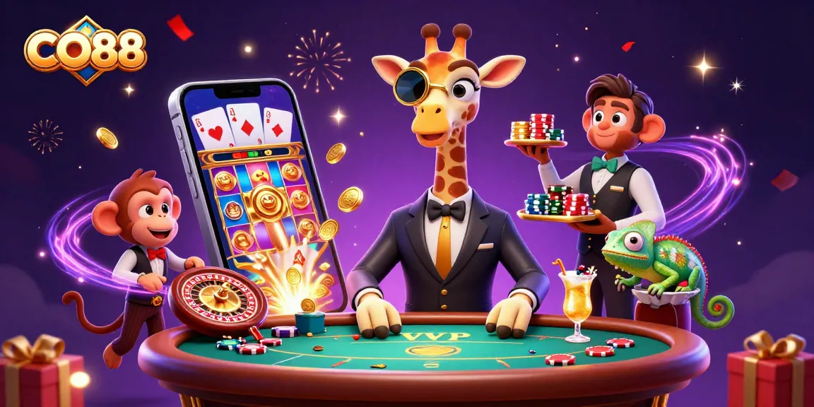 Engage with CO88, a vibrant portrayal of a fun-filled casino scene featuring a giraffe high-roller and exciting game elements.