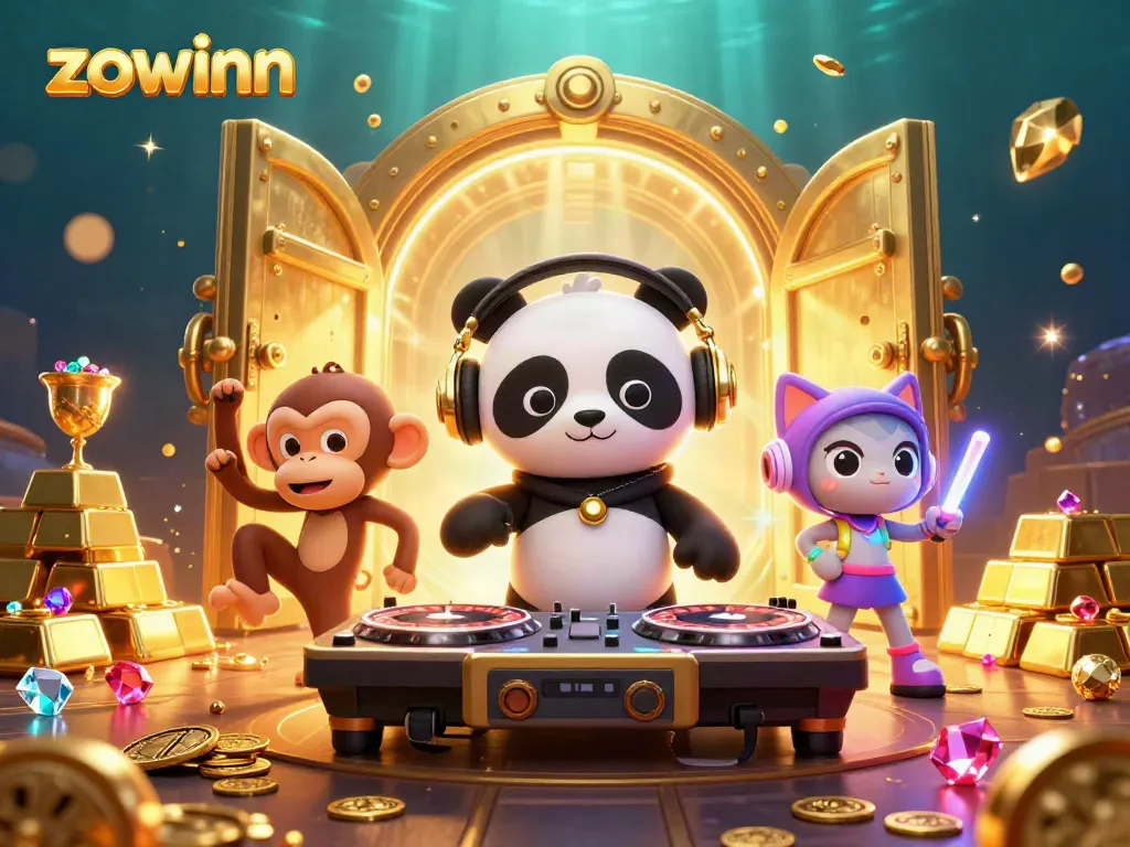 Engage with the fun at Zowinn's casino featuring a DJ panda and vibrant glow-stick kitten.
