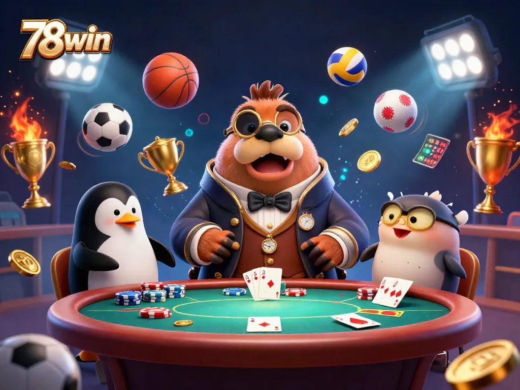 Dive into excitement with 78win, featuring a jolly walrus at an underwater poker table.