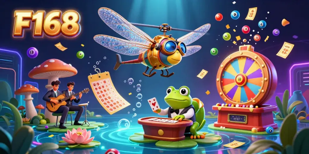 Experience thrilling gameplay at F168 with a vibrant casino scene featuring a dragonfly pilot and frog croupier.