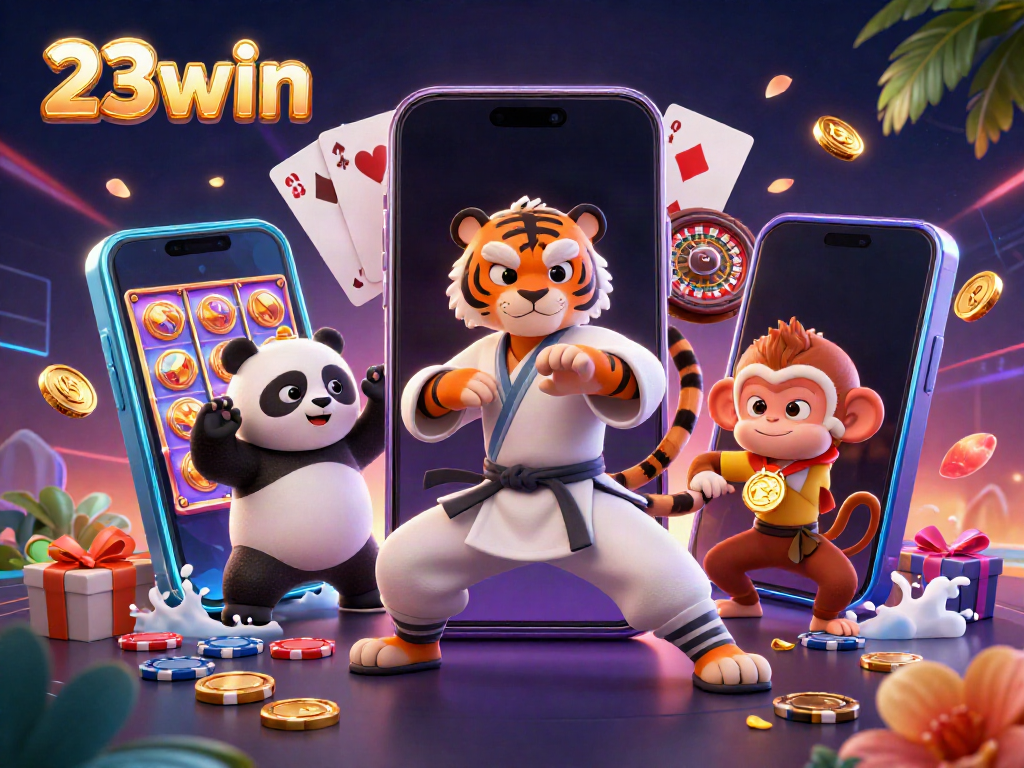 Experience the fun of 23win with a vibrant casino scene featuring playful characters and engaging games.