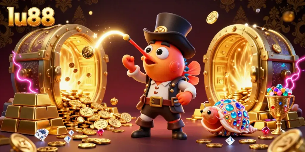 Engage in thrilling gaming at LU88 with vibrant characters and treasures in this rich 3D illustration.