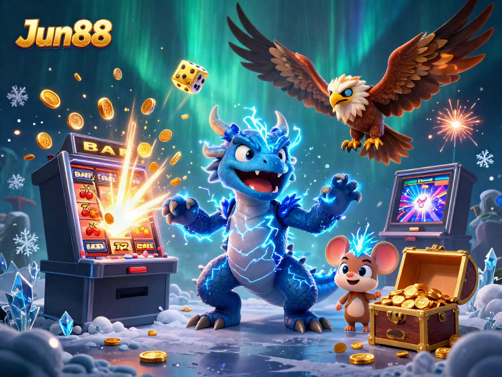 Experience thrilling wins at Jun88 with an action-packed 3D casino illustration featuring vibrant characters and casino elements.