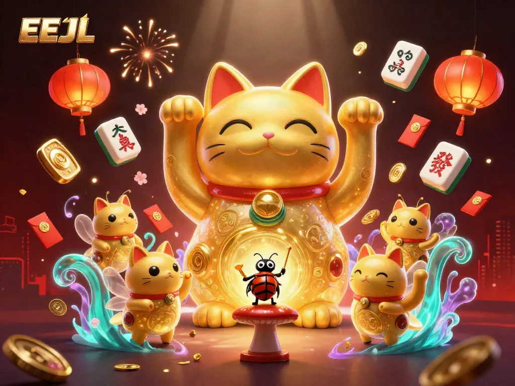 Experience the EEJL excitement with golden fireflies and casino symbols in this vibrant illustration.