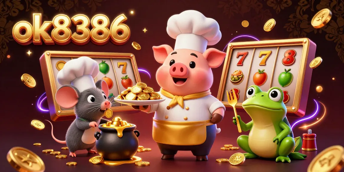 Engaging illustration of ok8386's vibrant casino environment filled with gold coins and dynamic slot elements.