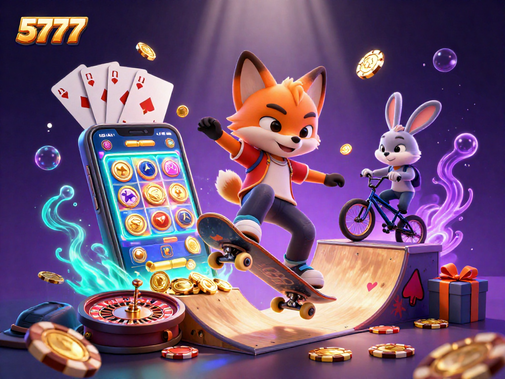 Experience the thrill of 5777 with a vibrant 3D cartoon scene showcasing a skateboarder fox and BMX rabbit amidst casino games.