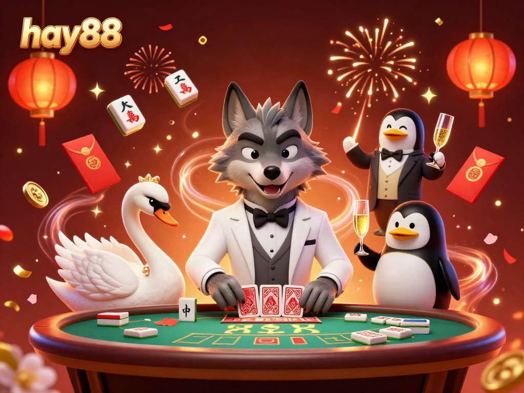 Experience excitement with hay88 at a baccarat table featuring a debonair wolf and elegantly dealt cards.